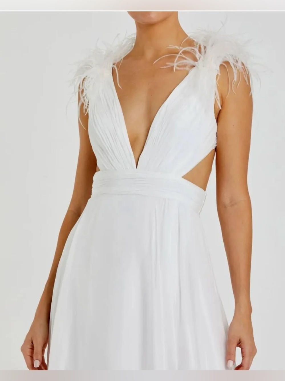 Mac Duggal White Feather-Trim Plunge Bridal Gown